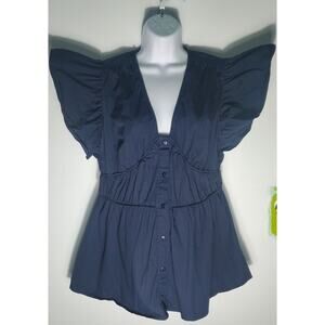 EShakti Wayward Fancies Womens Navy Blue Coquette Short Sleeve Top Size Large